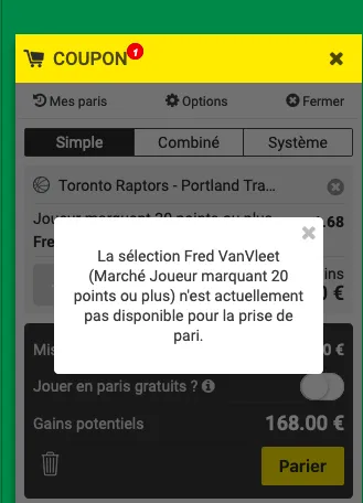 A bet suspended notification from Unibet